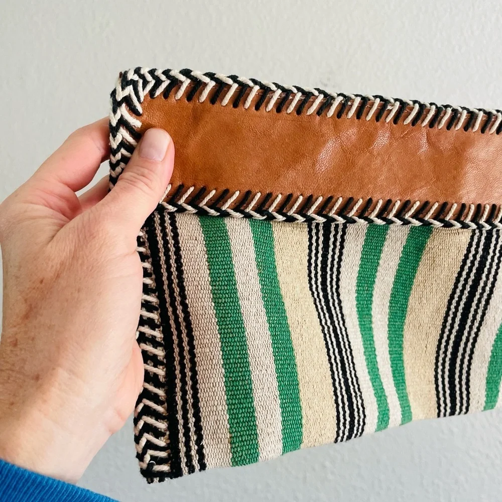 Shiraleah Boho Green Striped Leather Clutch